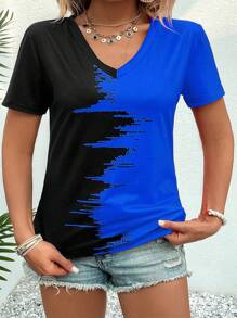 SHEIN LUNE Plus 双色 V 领 T 恤 图案 T 恤 女式上衣 - 彩色 - 查看 1