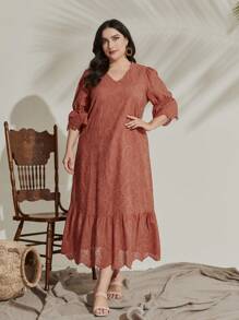 Mulvari Talla grande Vestido smock de manga amplia bajo con fruncido schiffy - Naranja - Ver 4