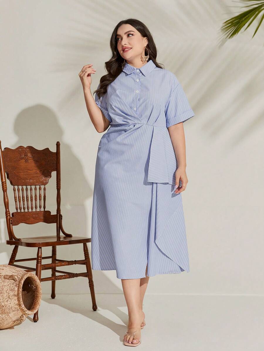 Mulvari Plus Striped Print Ruched Fold Pleated Detail Shirt Dress - Blue - View 1