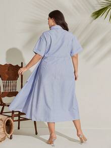 Mulvari Plus Striped Print Ruched Fold Pleated Detail Shirt Dress - Blue - View 2