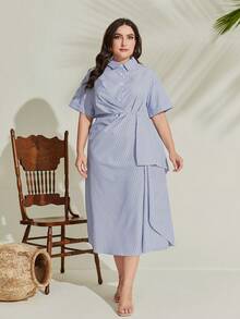 Mulvari Plus Striped Print Ruched Fold Pleated Detail Shirt Dress - Blue - View 4