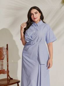 Mulvari Plus Striped Print Ruched Fold Pleated Detail Shirt Dress - Blue - View 5