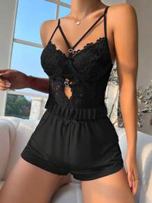 蕾絲拼接荷葉邊睡衣套裝 - 黑色 - 查看 1