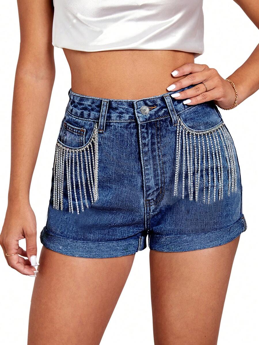 SHEIN Essnce Rhinestone Fringe Trim Roll Hem Denim Shorts - Medium Wash - View 1