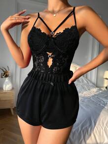 蕾絲拼接荷葉邊睡衣套裝 - 黑色 - 查看 3
