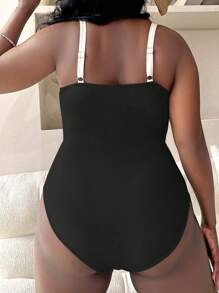 SHEIN SXY 撞色大碼一件式泳衣挖空 抽繩 褶邊 - 黑與白 - 查看 2