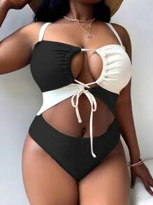SHEIN SXY 撞色大碼一件式泳衣挖空 抽繩 褶邊 - 黑與白 - 查看 3