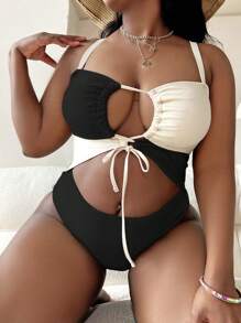 SHEIN SXY 撞色大碼一件式泳衣挖空 抽繩 褶邊 - 黑與白 - 查看 4