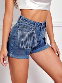 SHEIN Essnce Rhinestone Fringe Trim Roll Hem Denim Shorts - Medium Wash - View 4