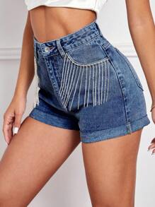 SHEIN Essnce Rhinestone Fringe Trim Roll Hem Denim Shorts - Medium Wash - View 5