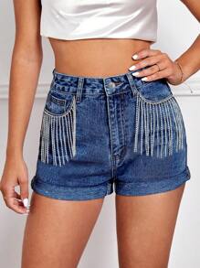 SHEIN Essnce Rhinestone Fringe Trim Roll Hem Denim Shorts - Medium Wash - View 6