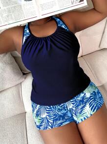 Swim Lushoire Summer Beach Plus Size Tropical Print Ruched Tankini - Navy Blue - View 1