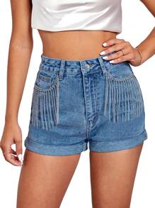 SHEIN Essnce Quần short denim nữ Nút mép Túi Dây kéo màu trơn - Rửa trung bình - Xem 1