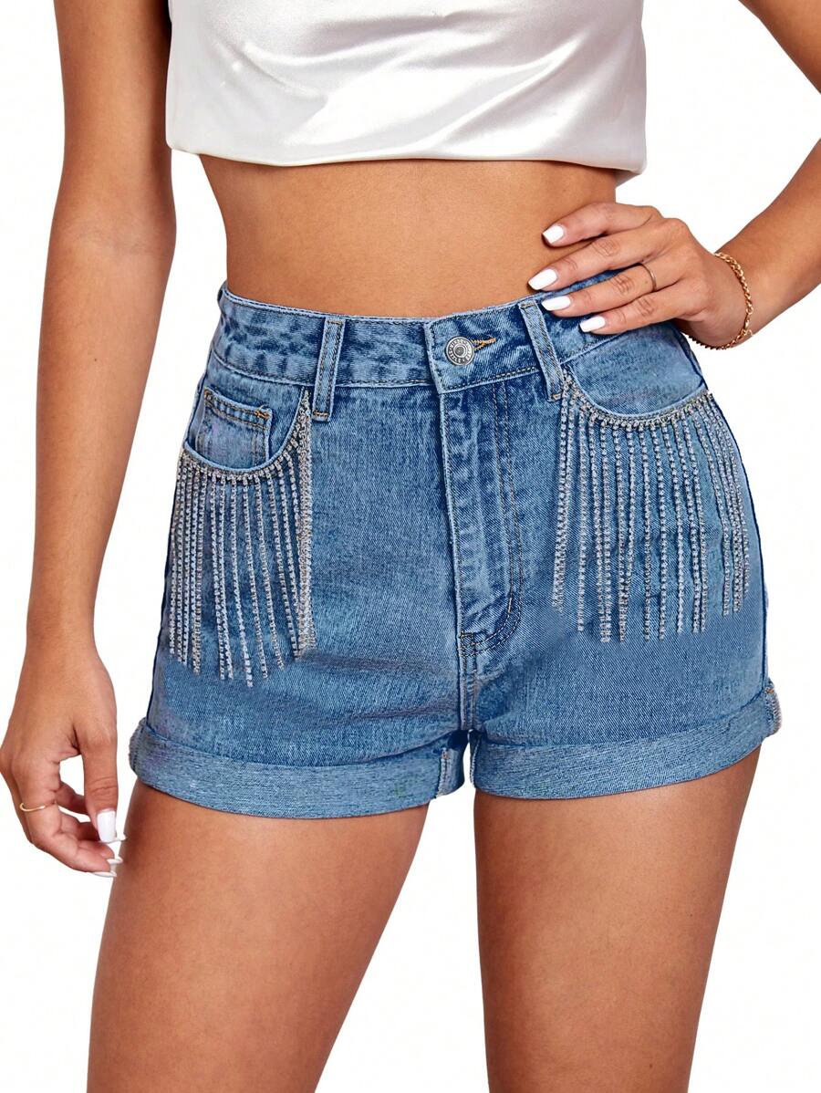 SHEIN Essnce Quần short denim nữ Nút mép Túi Dây kéo màu trơn - Rửa trung bình - Xem 1