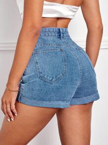 SHEIN Essnce Quần short denim nữ Nút mép Túi Dây kéo màu trơn - Rửa trung bình - Xem 2