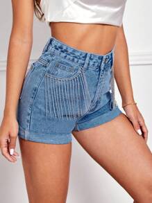 SHEIN Essnce Quần short denim nữ Nút mép Túi Dây kéo màu trơn - Rửa trung bình - Xem 3