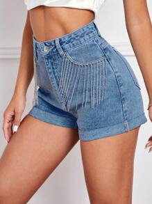 SHEIN Essnce Quần short denim nữ Nút mép Túi Dây kéo màu trơn - Rửa trung bình - Xem 4