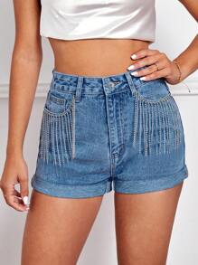 SHEIN Essnce Quần short denim nữ Nút mép Túi Dây kéo màu trơn - Rửa trung bình - Xem 6
