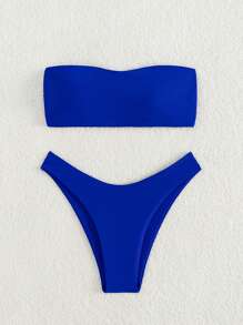 Swim Vcay Summer Beach Solid Bandeau Bikini Set - Royal Blue - View 5