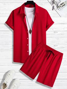 Manfinity Homme Men Solid Button Up Shirt & Drawstring Waist Shorts - Red - View 2