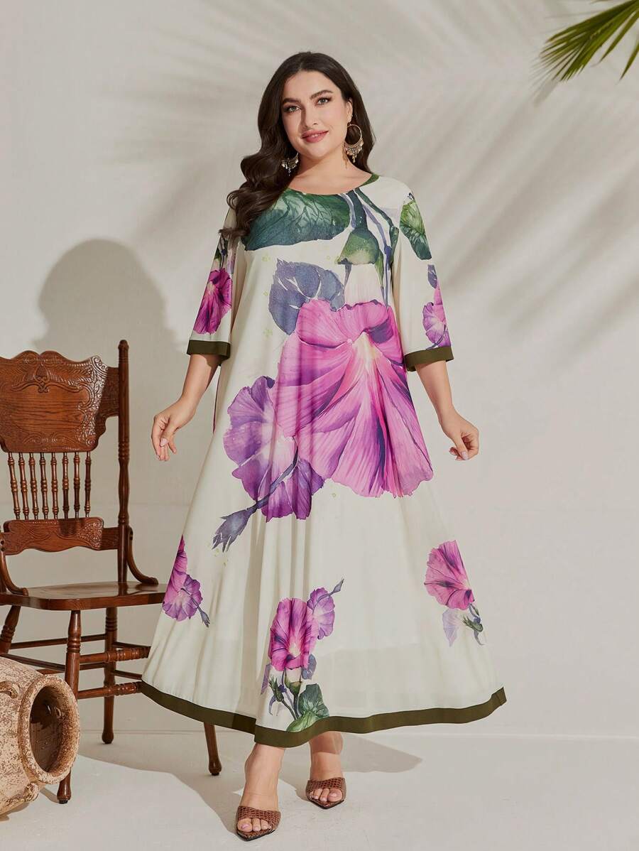 Mulvari Plus Floral Print Tunic Dress - Apricot - View 1