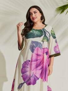 Mulvari Plus Floral Print Tunic Dress - Apricot - View 3