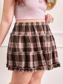 ROMWE Kawaii Plus Plaid Print Frill Trim Skirt - Multicolor - View 5