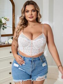 Plus Size White Romantic Floral Contrast Lace Semi Sheer Bralette Medium Stretch - White - View 1