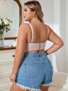 Plus Size White Romantic Floral Contrast Lace Semi Sheer Bralette Medium Stretch - White - View 2