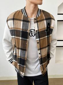 Manfinity VCAY Áo khoác nam dáng rộng 1 mảnh họa tiết kẻ caro, vá sọc, vai trễ, thời trang thể thao, dành cho mùa thu đông - Nhiều màu - Xem 1