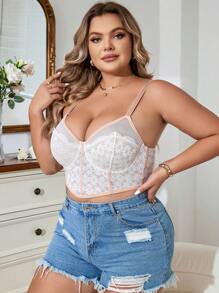 Plus Size White Romantic Floral Contrast Lace Semi Sheer Bralette Medium Stretch - White - View 4