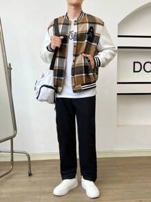 Manfinity VCAY Áo khoác nam dáng rộng 1 mảnh họa tiết kẻ caro, vá sọc, vai trễ, thời trang thể thao, dành cho mùa thu đông - Nhiều màu - Xem 5