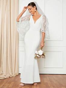 SHEIN Belle 蕾絲拼接斗篷袖魚尾裙下擺婚紗連衣裙不附面紗 - 白色 - 查看 6