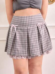 ROMWE Kawaii 大碼格紋印花蕾絲邊百褶半身裙 - 彩色 - 查看 1