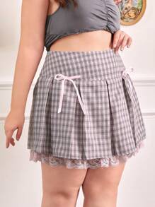 ROMWE Kawaii 大碼格紋印花蕾絲邊百褶半身裙 - 彩色 - 查看 4