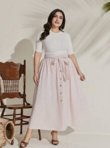 Mulvari 大碼條紋印花前紐扣腰帶半身裙 - 彩色 - 查看 1