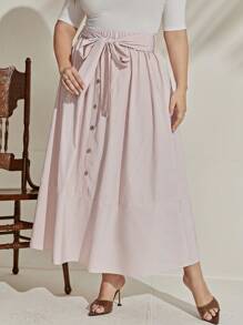 Mulvari 大碼條紋印花前紐扣腰帶半身裙 - 彩色 - 查看 3