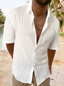 Manfinity Homme Loose-Fit Men's Solid Color Button-Up Shirt - White - View 1