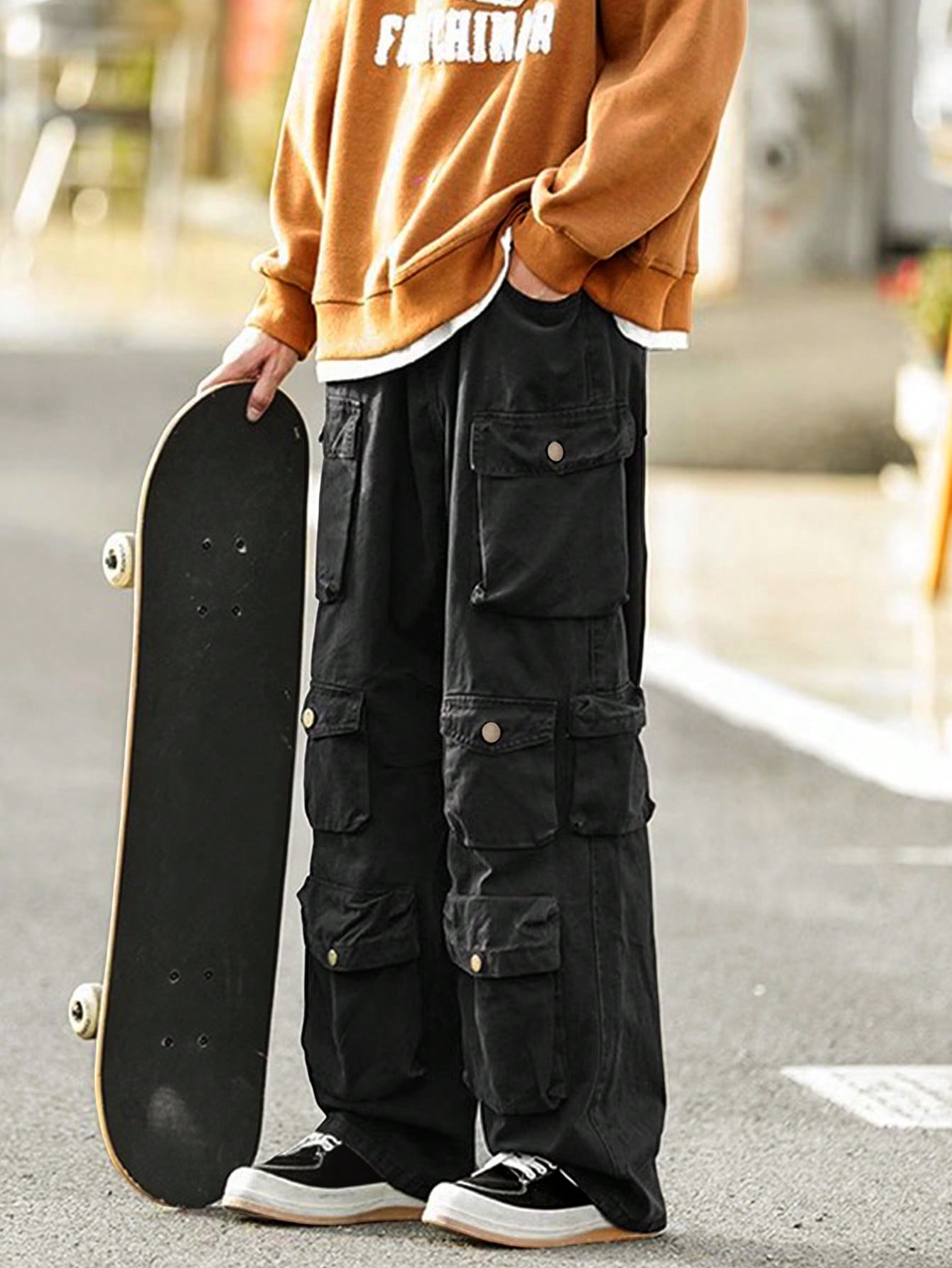 ★COOR★ Diagonal Flap Pocket Pants (Black) YYDGH Women's High Waisted Cargo Baggy Jeans Flap Pocket