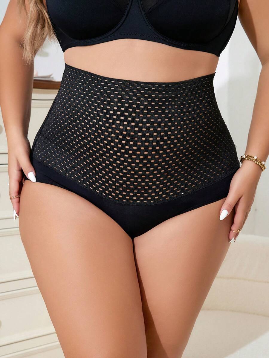 大碼高腰鏤空內褲 - 黑色 - 查看 1