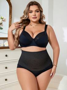 大碼高腰鏤空內褲 - 黑色 - 查看 3
