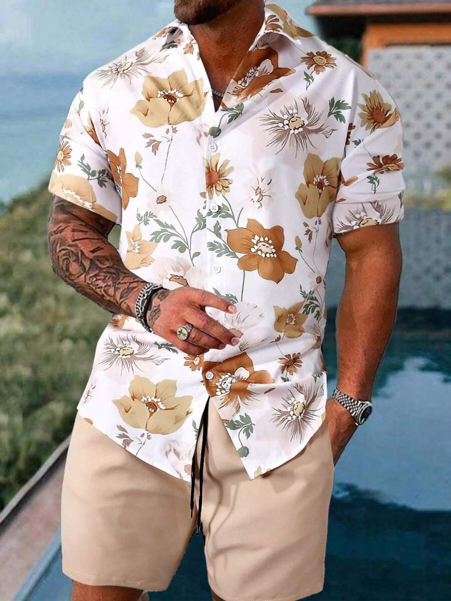 Manfinity RSRT 男士印花襯衫和腰部抽繩短褲不帶T恤 - 彩色 - 查看 1