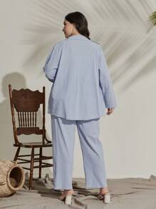 Mulvari 休閒前紐扣純色大碼兩件套裝 - 淺藍色 - 查看 2