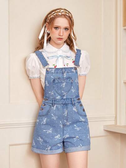 Kawaii رومبير دنيم بطباعة عقدة الفراشة بدون بلوزة