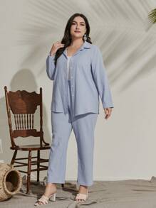 Mulvari 休閒前紐扣純色大碼兩件套裝 - 淺藍色 - 查看 4