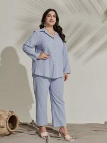 Mulvari 休閒前紐扣純色大碼兩件套裝 - 淺藍色 - 查看 6