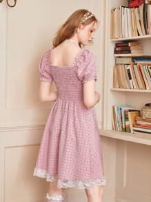 ROMWE Kawaii Abiti con stampa quadri merletto con manica a sbuffo fiocco frontale - Rosa - Visualizzare 2