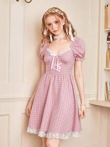 ROMWE Kawaii Abiti con stampa quadri merletto con manica a sbuffo fiocco frontale - Rosa - Visualizzare 3