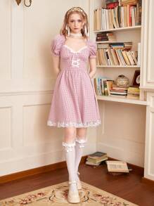ROMWE Kawaii Abiti con stampa quadri merletto con manica a sbuffo fiocco frontale - Rosa - Visualizzare 4
