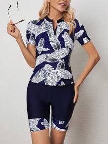 SHEIN Swim Summer Beach Tropical Print Zip Front Burkini Swimsuit With Short Sleeve - Blue and White - View 1